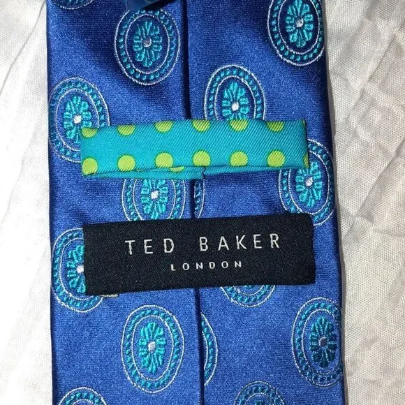 Ted Baker Sky Blue Teal Silver Designer Textured Silk Medallion Tie